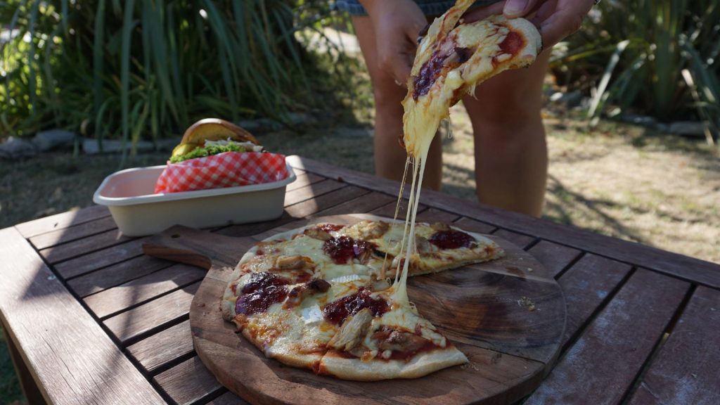 Chicken cranberry and brie wood-fired pizza from The Camp Food Truck, Lake Hawea NZ